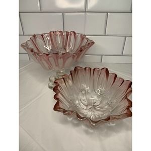 Mikasa Pink Frosted Tulip Footed Bowl Clear Glass 6" tall Set Of 2